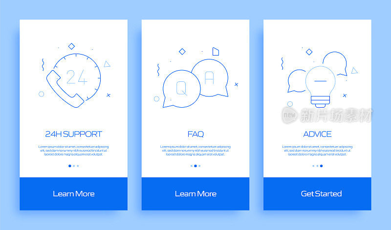 帮助和支持概念Onboarding移动应用程序页面屏幕与平面图标。UX, UI设计模板矢量插图